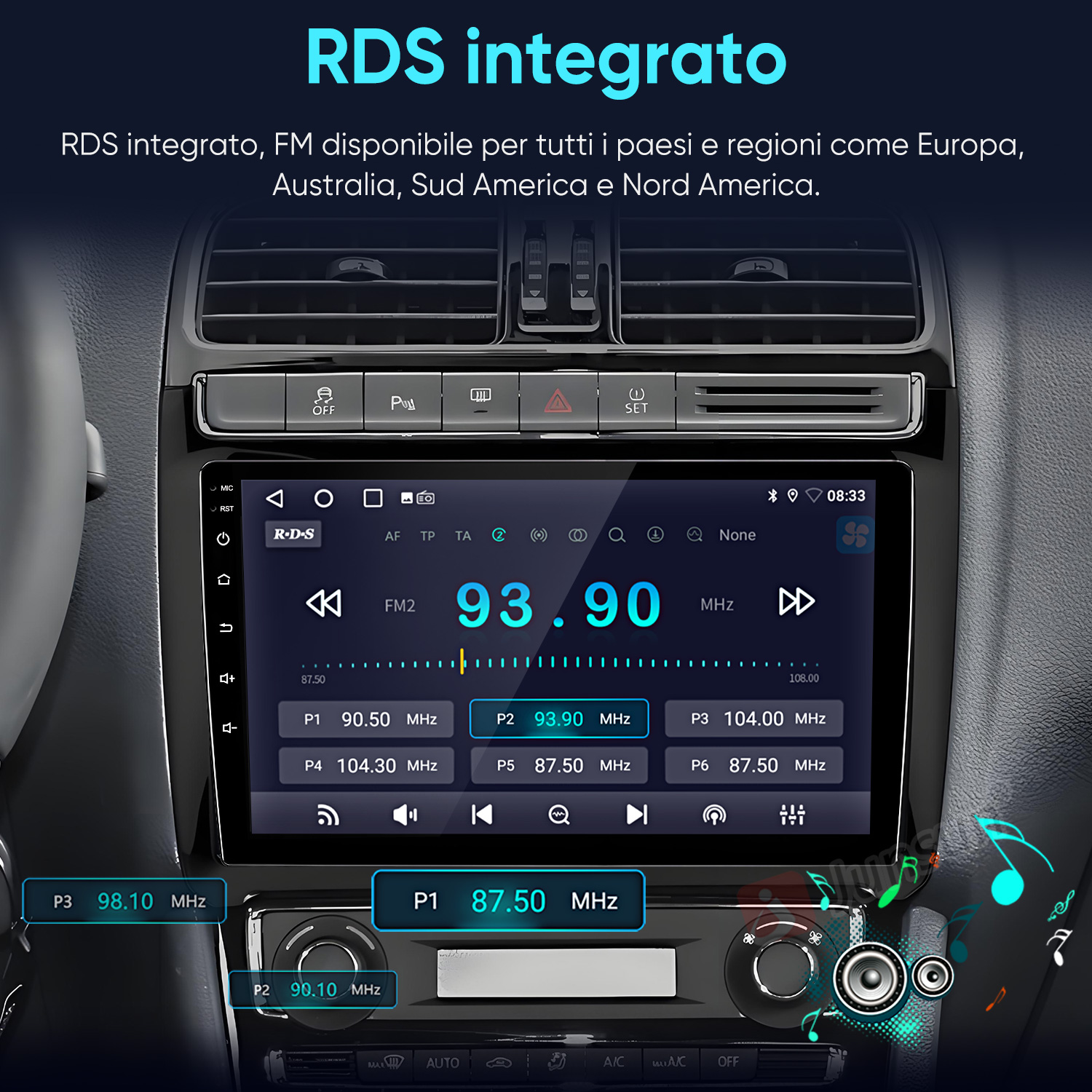 Display autoradio mostra 93.90 MHz FM2. Pulsanti con frequenze visibili.