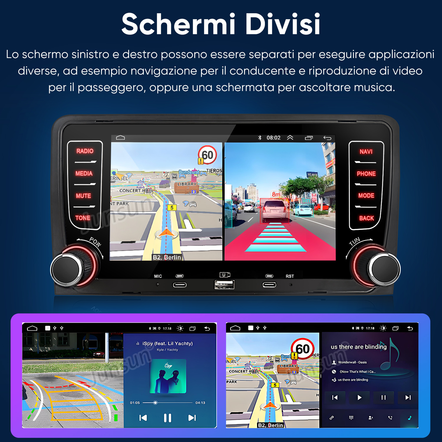 Uno schermo diviso per auto mostra navigazione e lettore musicale.