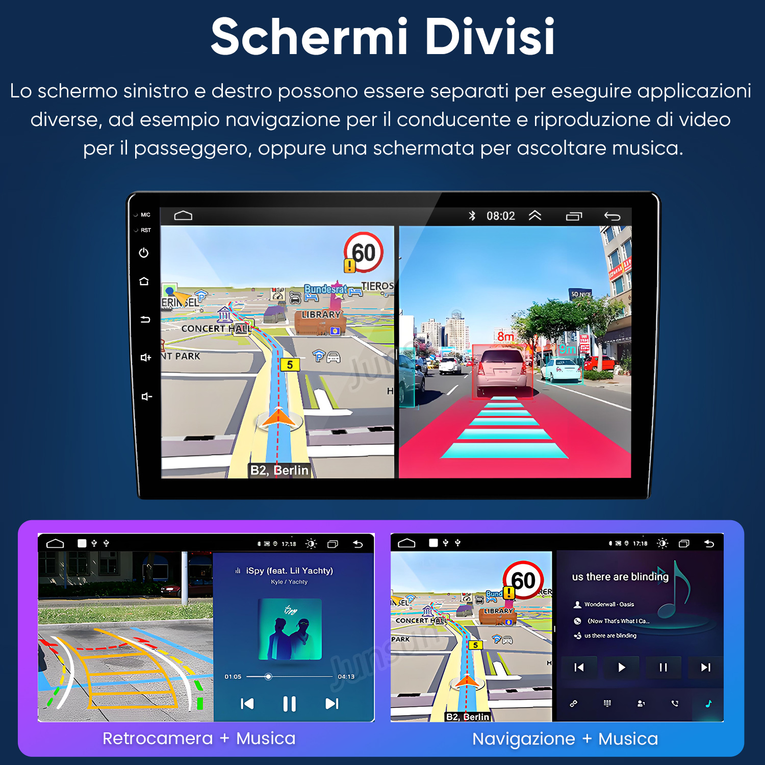 Schermo diviso mostra navigazione, vista telecamera retromarcia e musica.