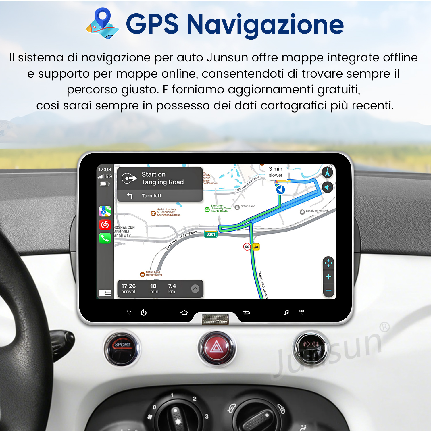 Un sistema di navigazione per auto mostra una mappa con guida del percorso, orario di arrivo e distanza.