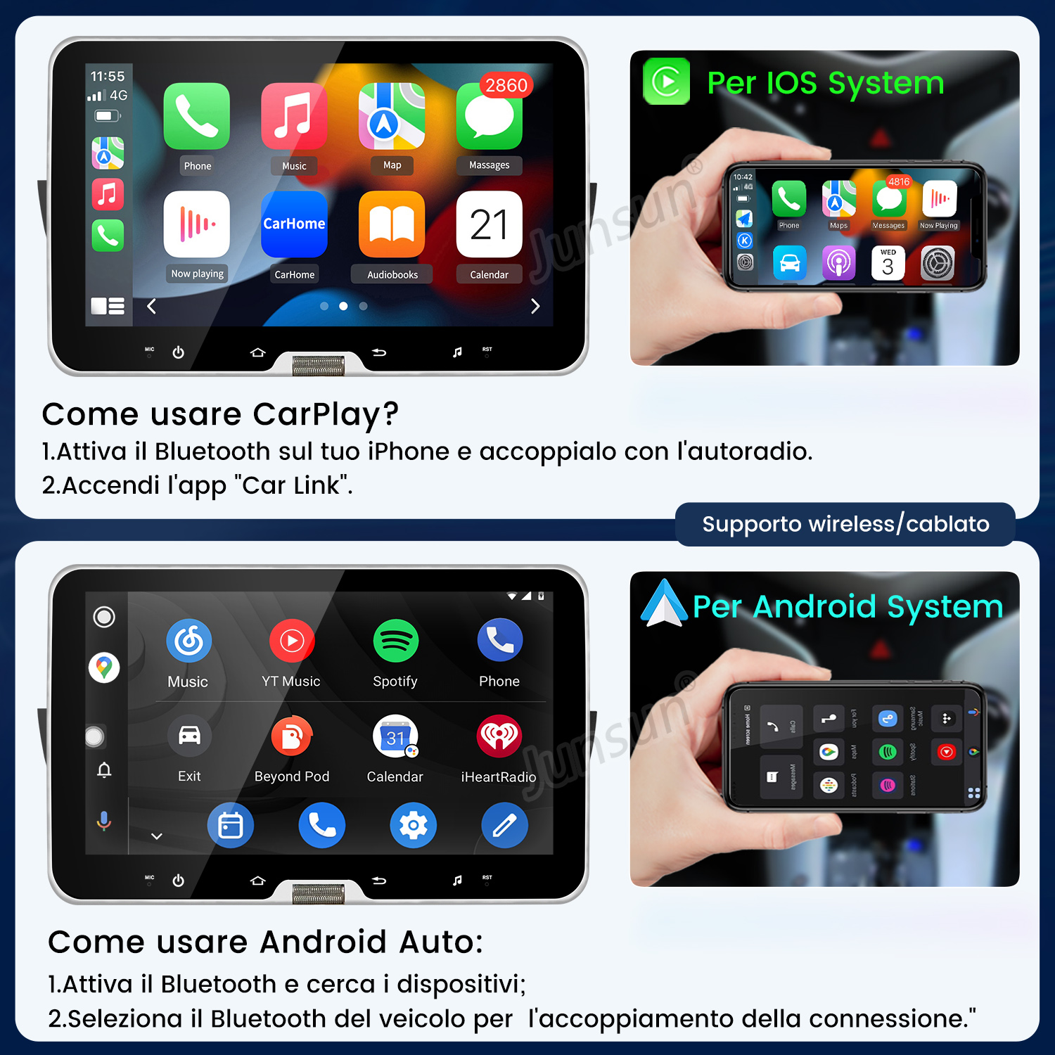 Screenshot del sistema di infotainment per auto con icone app per CarPlay e Android Auto.
