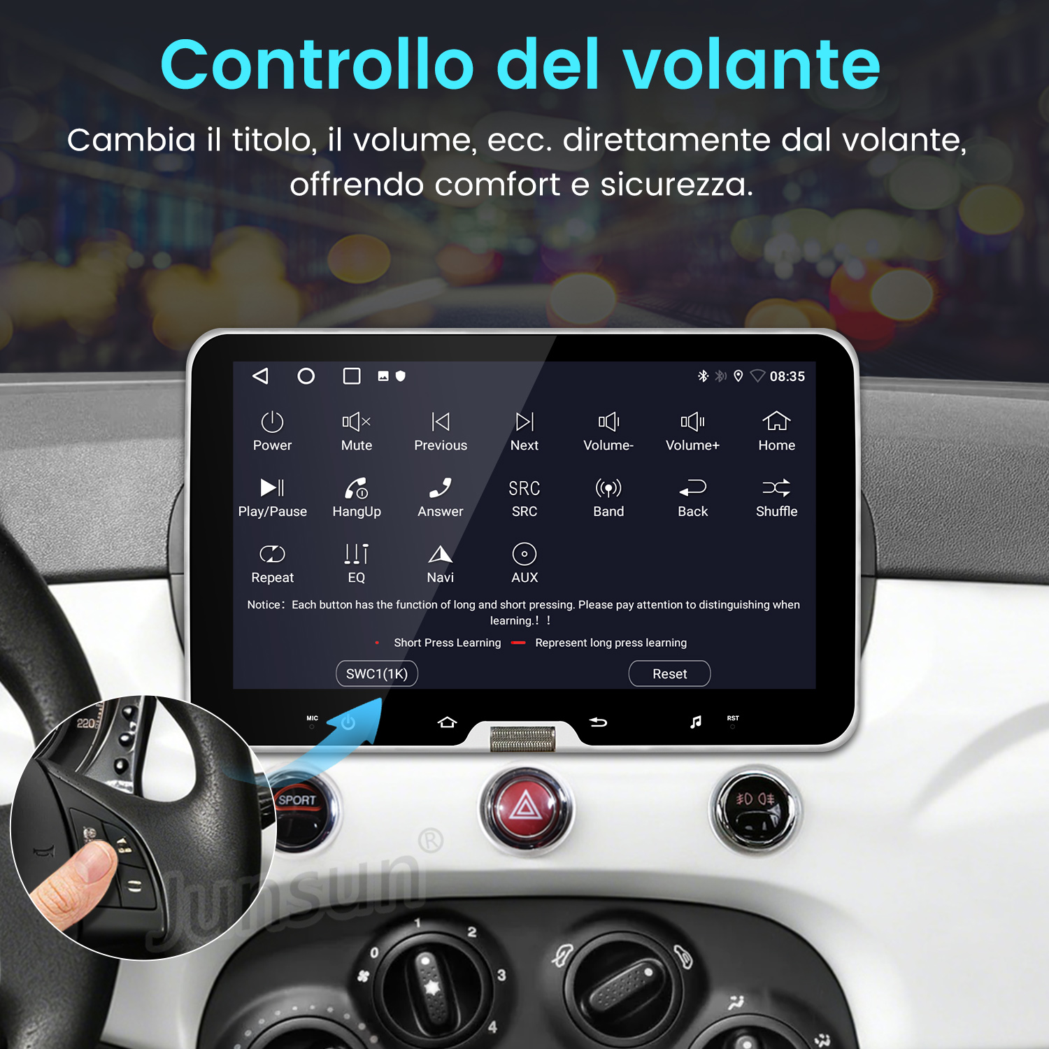 Controllo volante: Menu touch con icone e testo. Dito tocca il display.