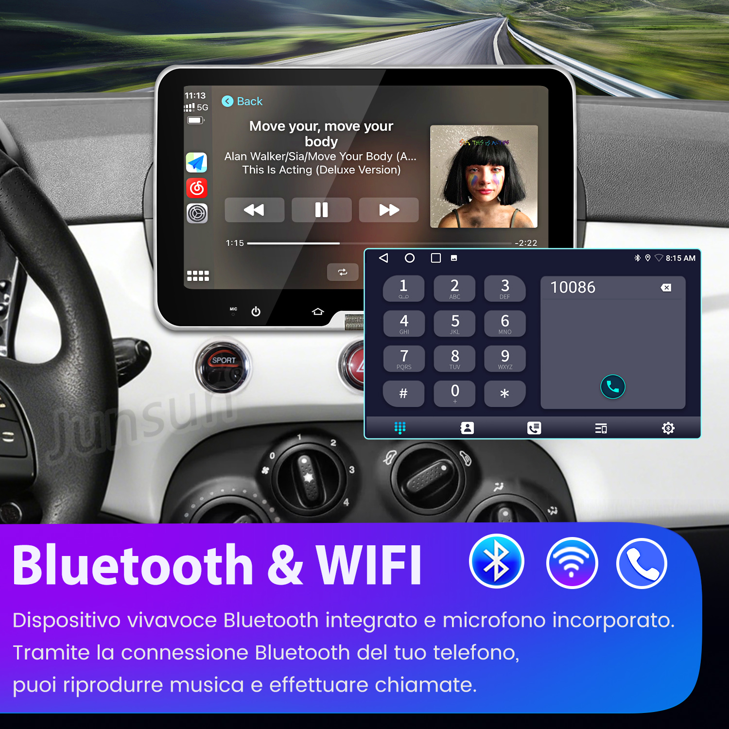Cruscotto auto con touchscreen mostra musica e telefono. Testo blu e viola in basso.