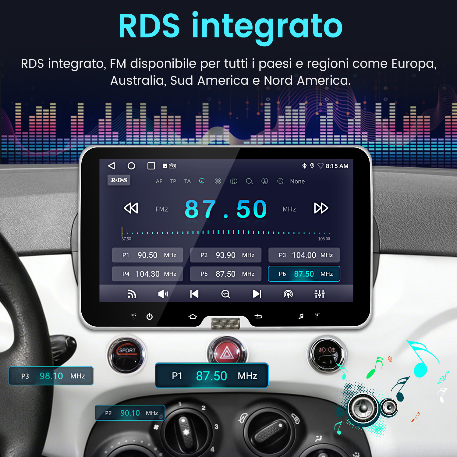 Lo schermo di una radio per auto mostra FM2 87.50 MHz. Sono mostate stazioni preimpostate.