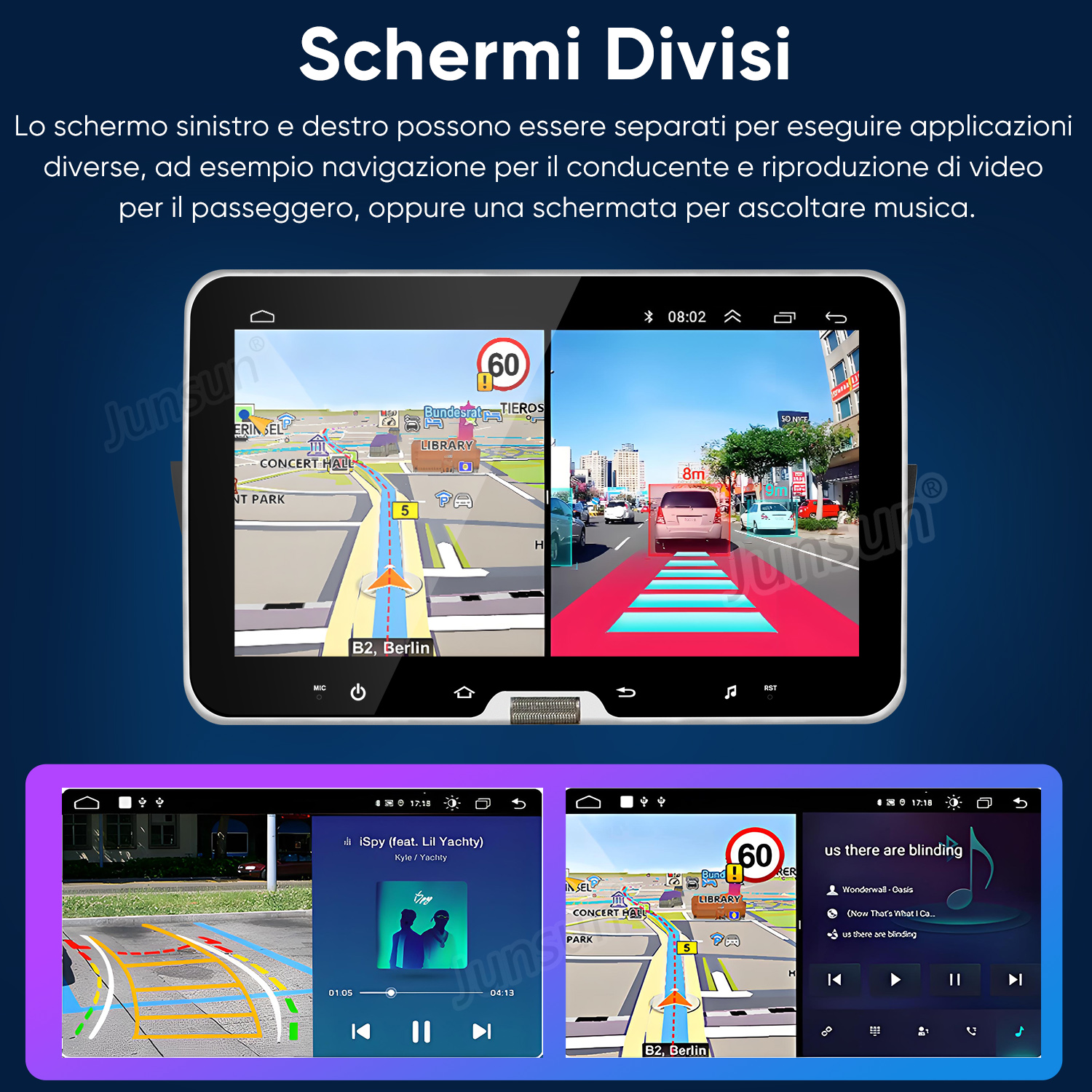 Doppi schermi mostrano navigazione e riproduzione musicale.