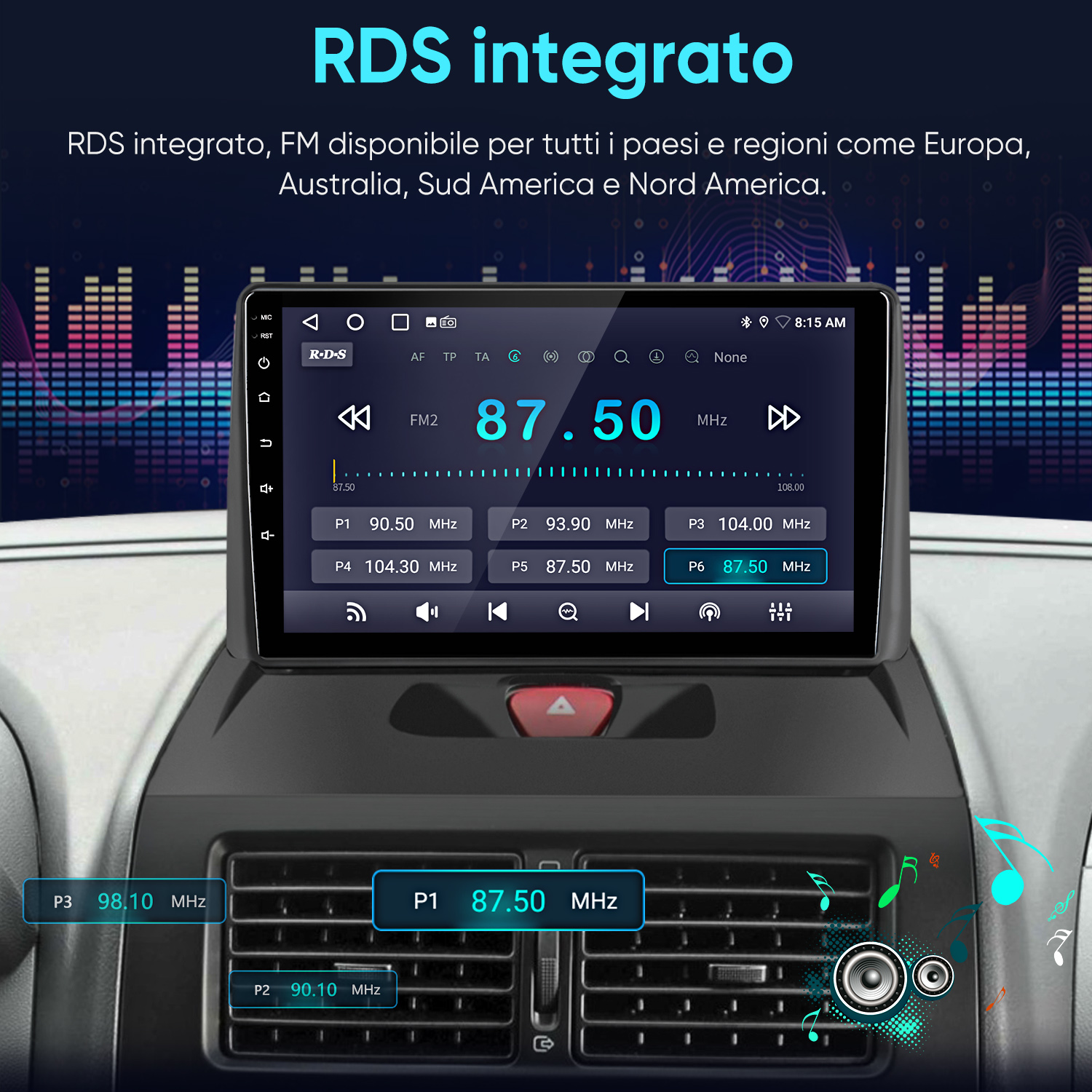 Display autoradio mostra info RDS e frequenze. Note musicali fluttuano.