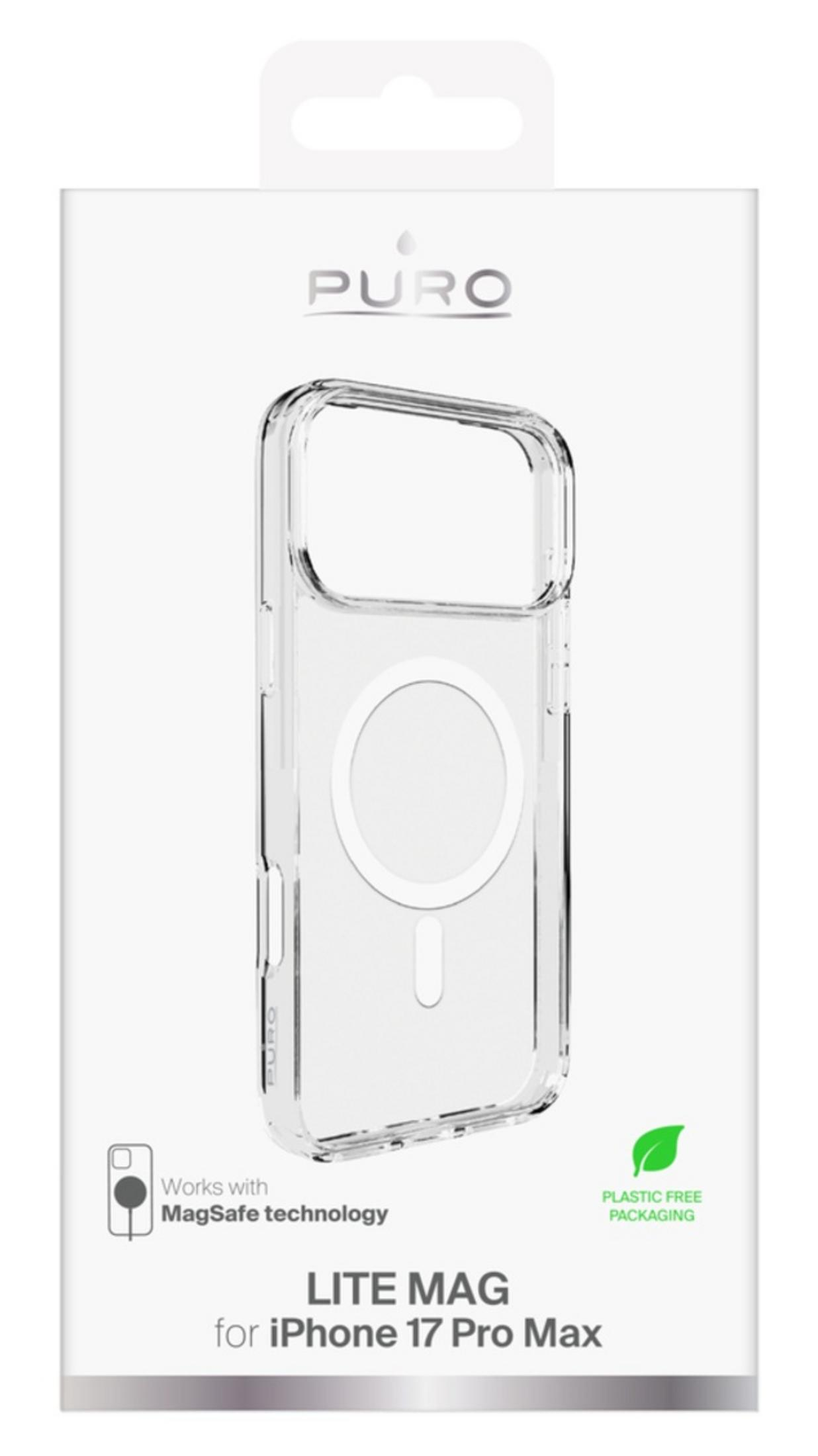 Przezroczyste etui na iPhone'a 17 Pro Max, z kompatybilnością MagSafe i opakowaniem bez plastiku, na białym tle.