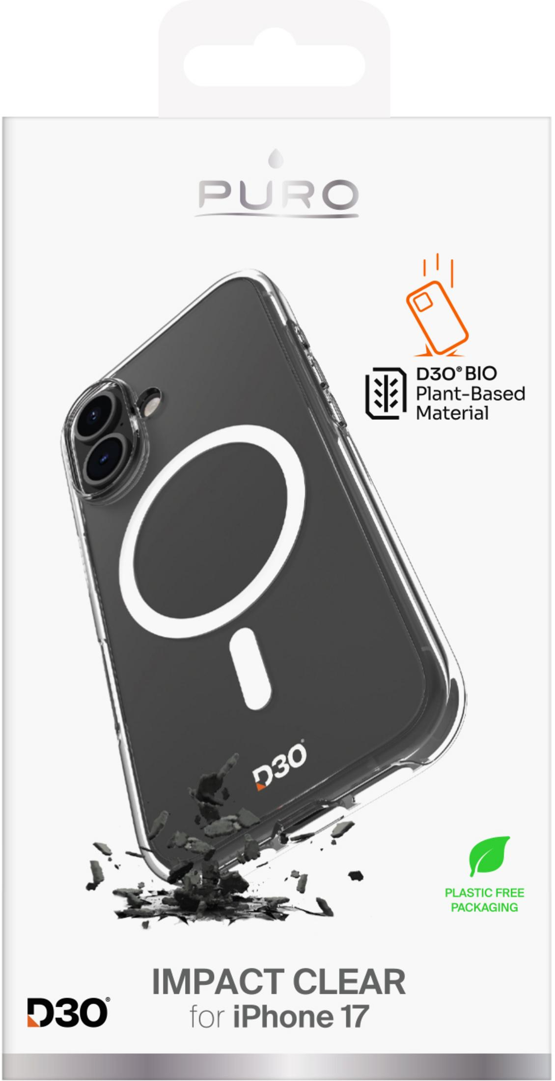 Cover trasparente per iPhone 17 con anello magnetico bianco e logo D30.