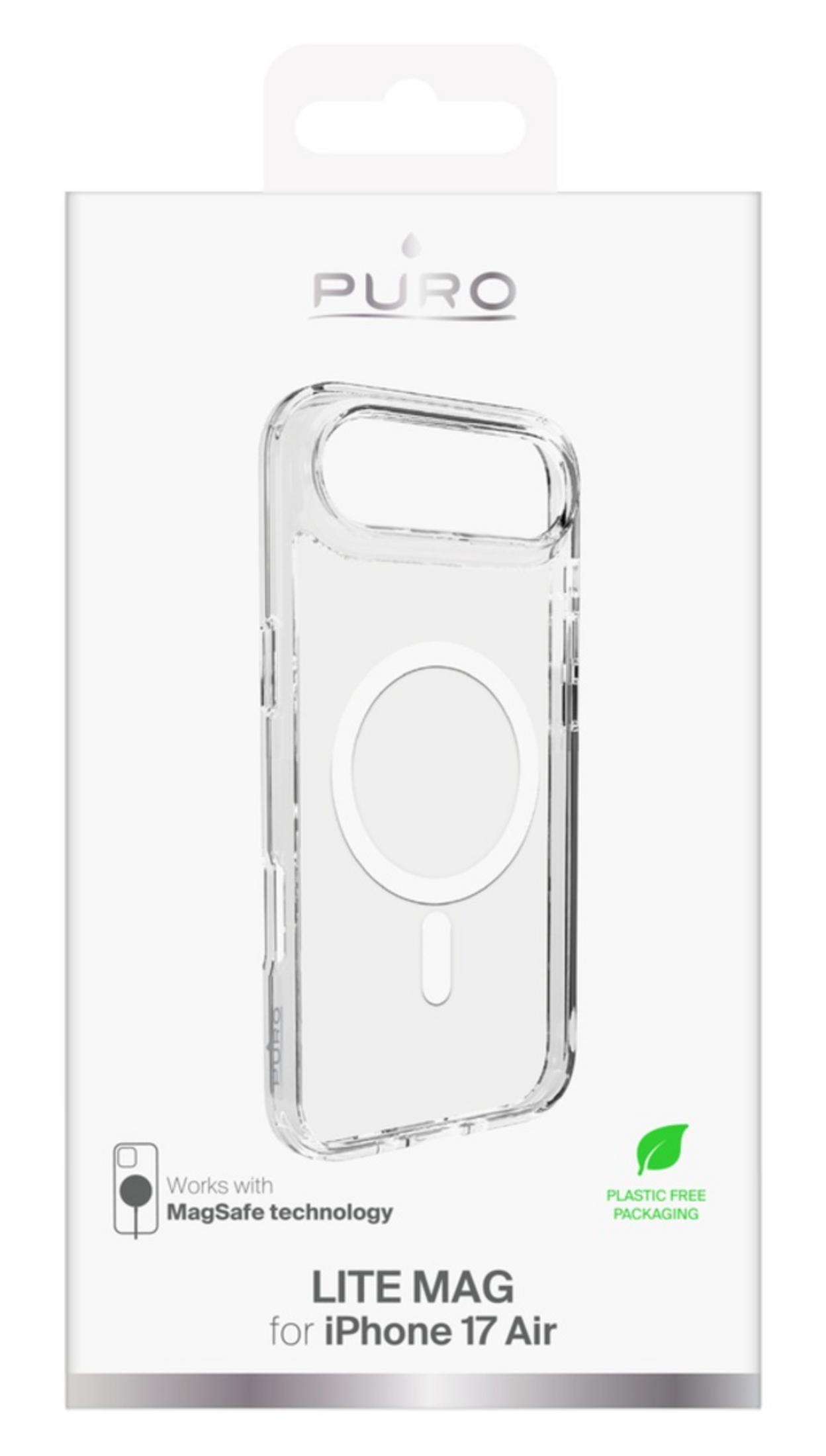 Custodia trasparente per iPhone 17 Air con logo MagSafe, senza plastica.