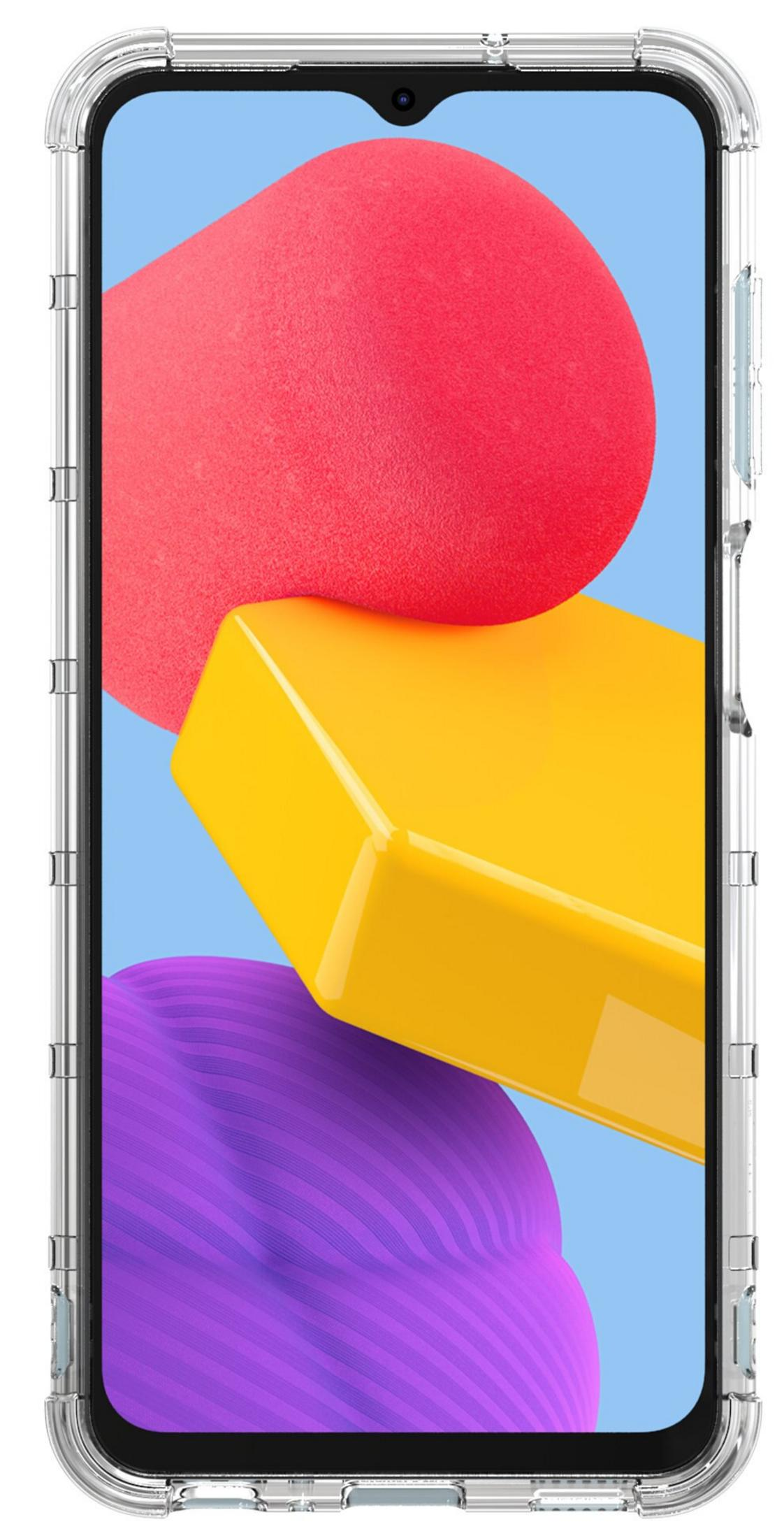 Un mockup di custodia per telefono trasparente con forme astratte colorate.