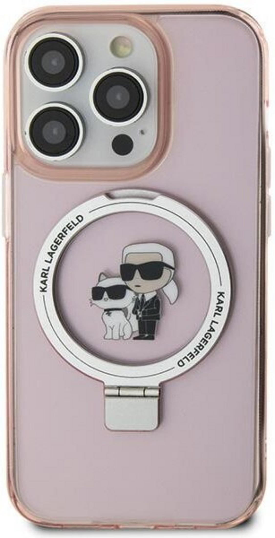 Różowe etui na iPhone'a z okrągłą podstawką z kreskówkowym wzorem Karla Lagerfelda i kota.