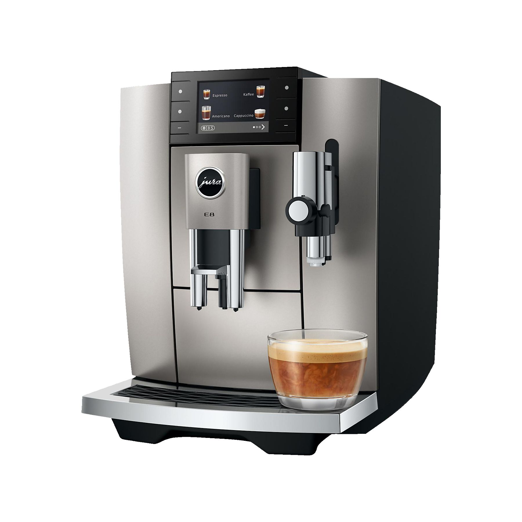 Una macchina da caffè Jura argentata con un bicchiere di espresso sulla vaschetta raccogligocce.