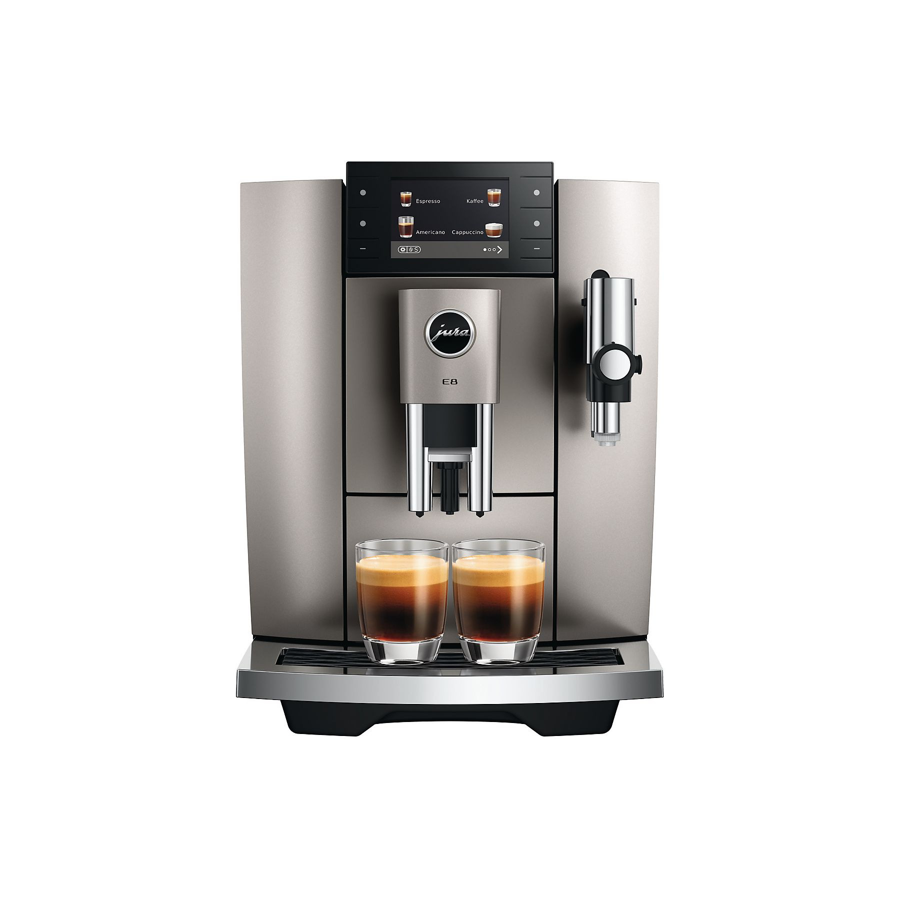 Una macchina da caffè espresso Jura E8 color argento con schermo nero, eroga due bicchieri di caffè con crema.