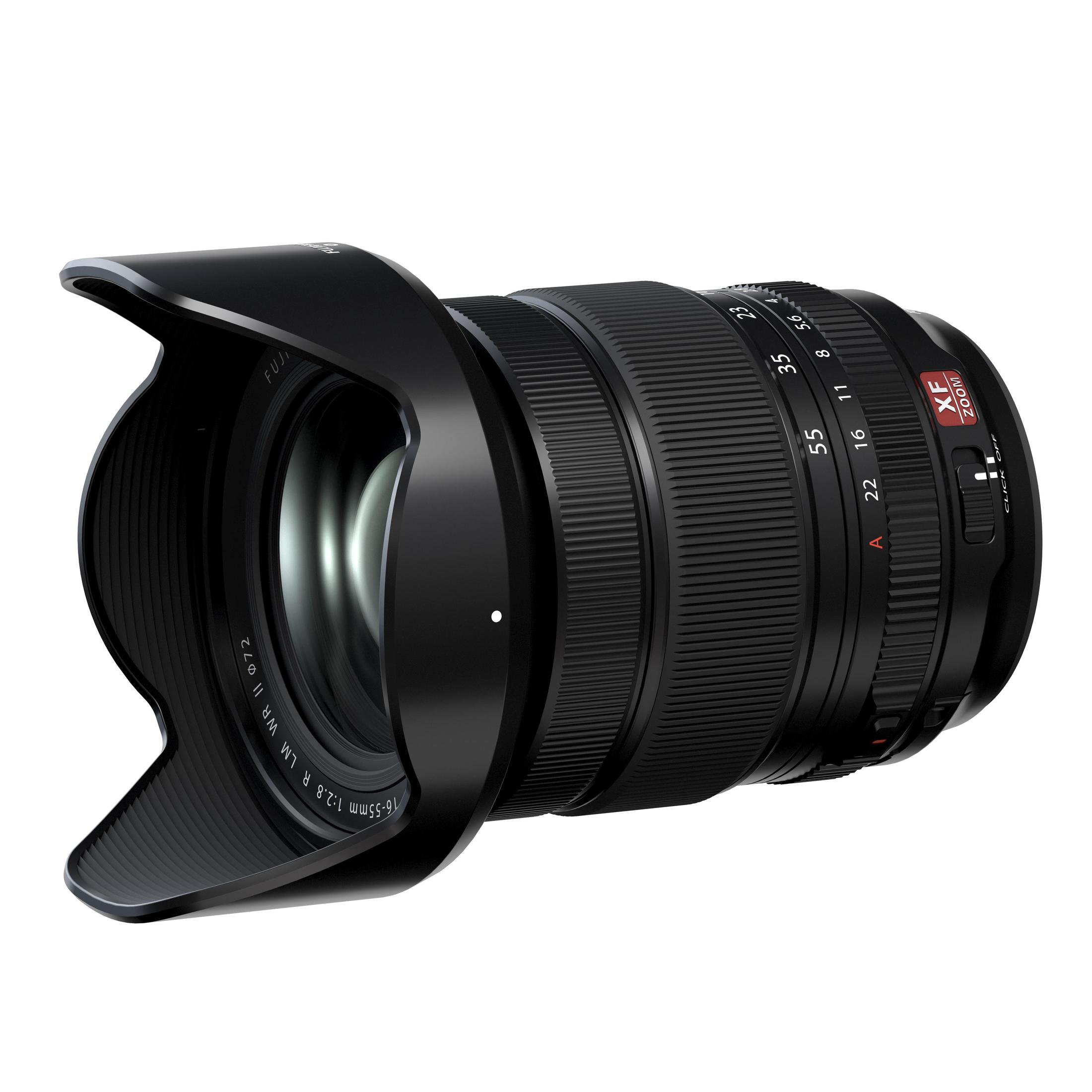 Schwarz Fuji XF 16-55mm f/2.8 Objektiv mit Gegenlichtblende und Zoomring.