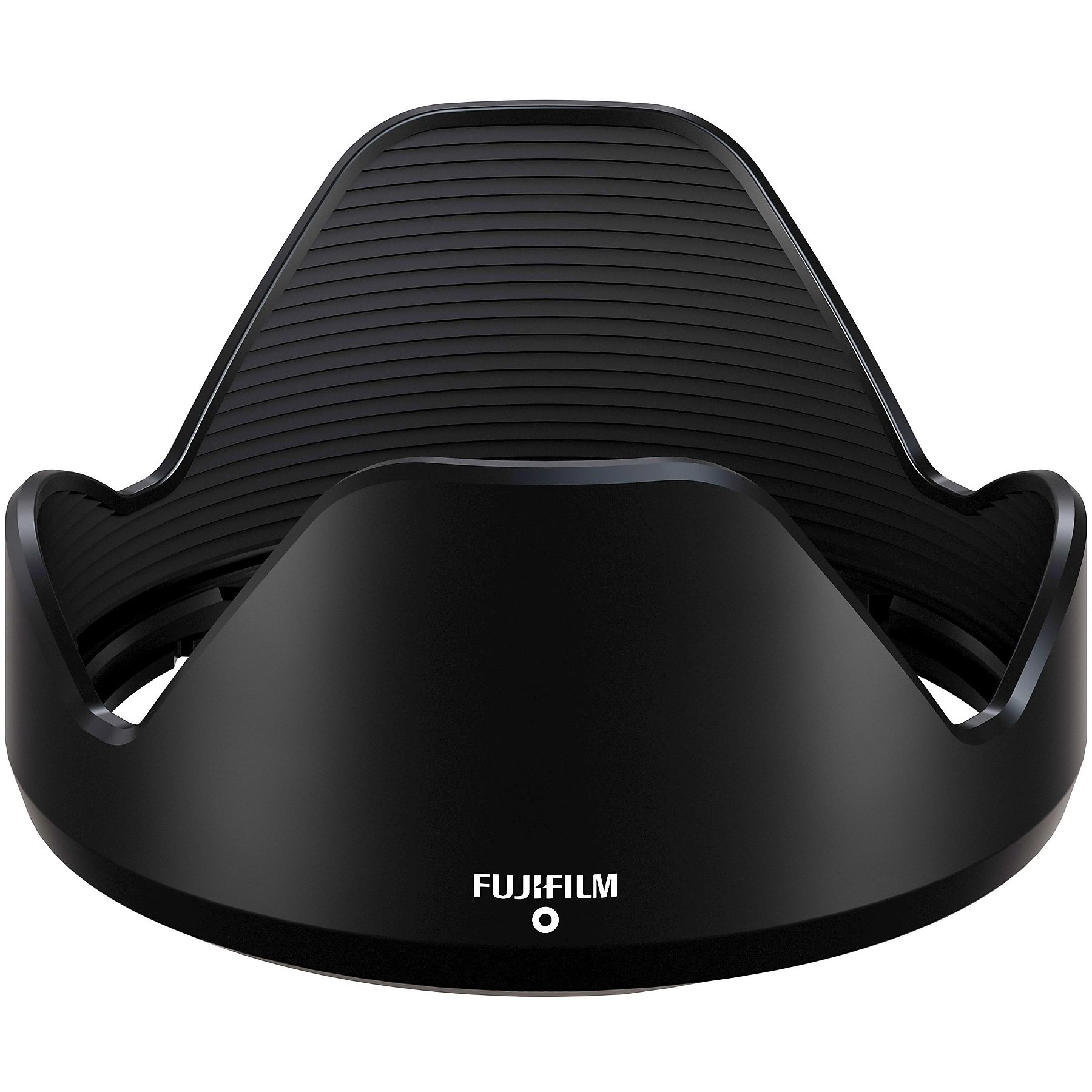Schwarze Objektivhaube mit gerillter Innenseite und Fujifilm-Logo.