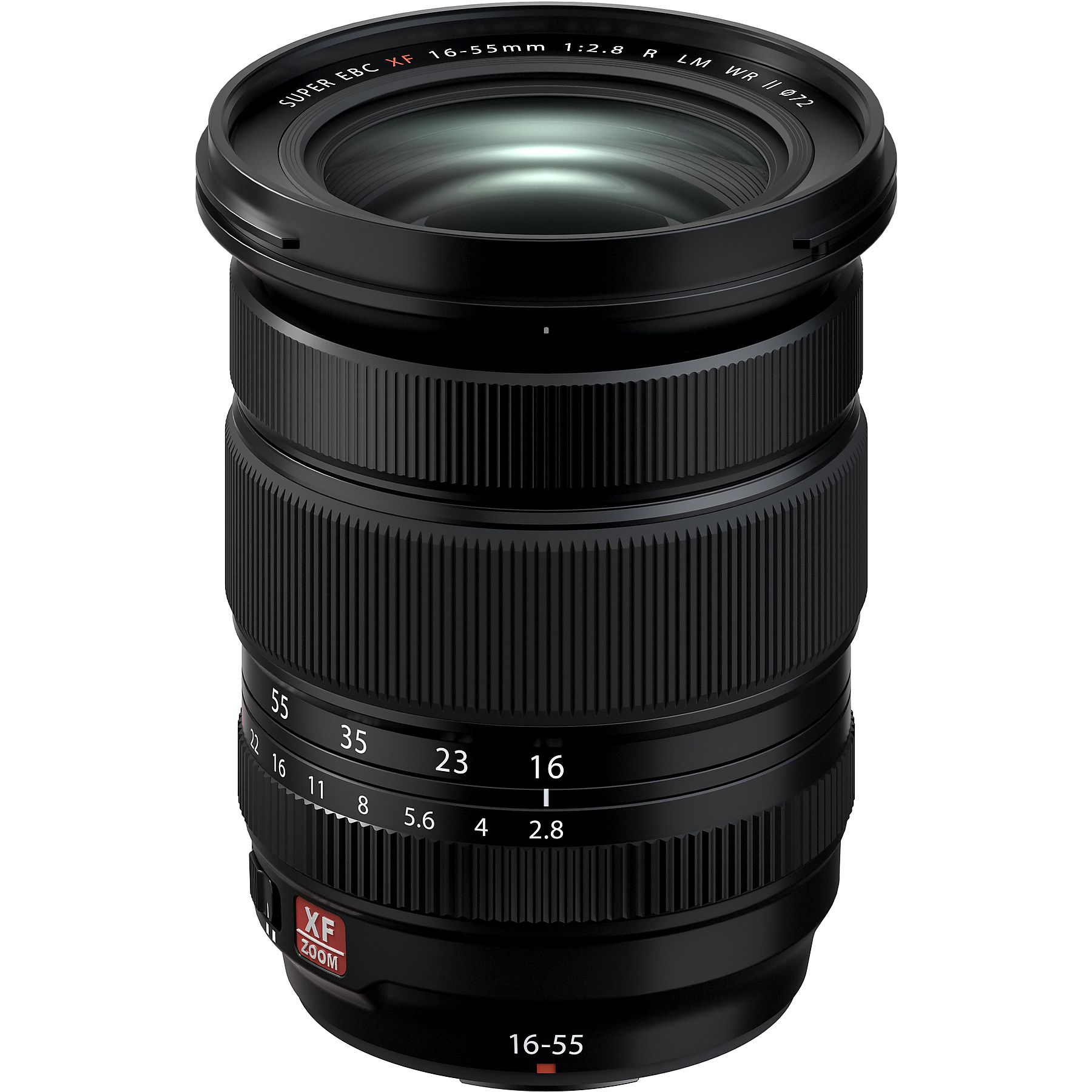 Schwarzes Kameraobjektiv mit Zoomring und Fokusmarkierungen. XF 16-55mm.