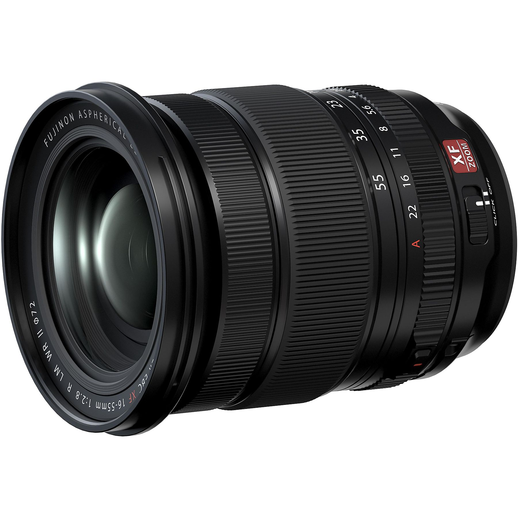 Schwarzes Fujinon XF 16-55mm f/2.8 R LM WR Objektiv mit Zoomring und Blendenring.