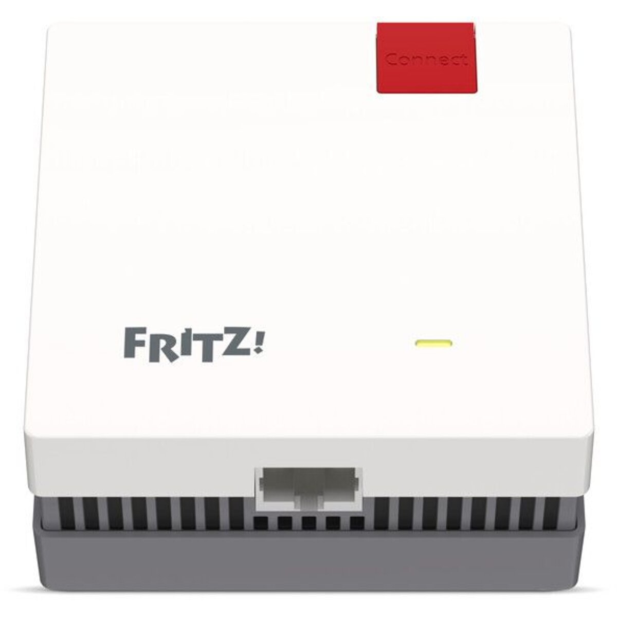 Dispositivo Fritz!Box bianco con pulsante Connect rosso e porta Ethernet.