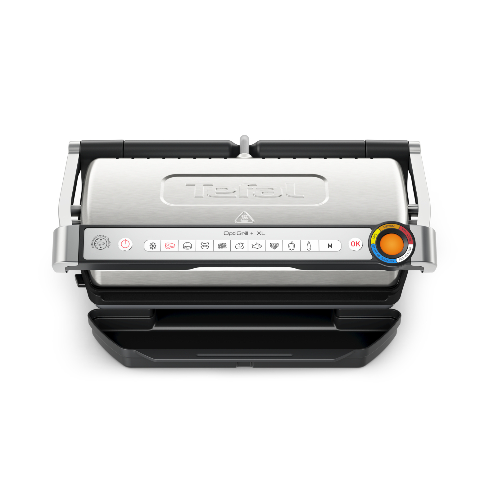 Grill da contatto Tefal OptiGrill + XL argentato con pannello comandi e indicatore.