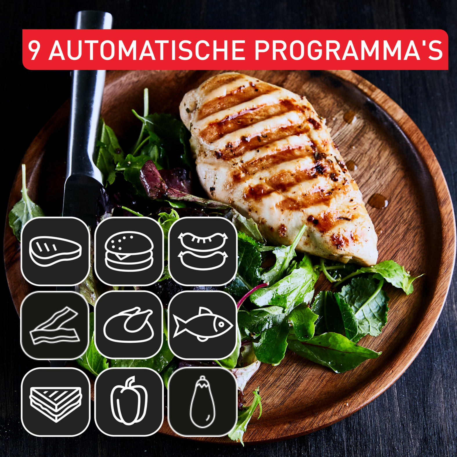 Pollo grigliato con insalata su piatto di legno, accanto a icone per 9 programmi.