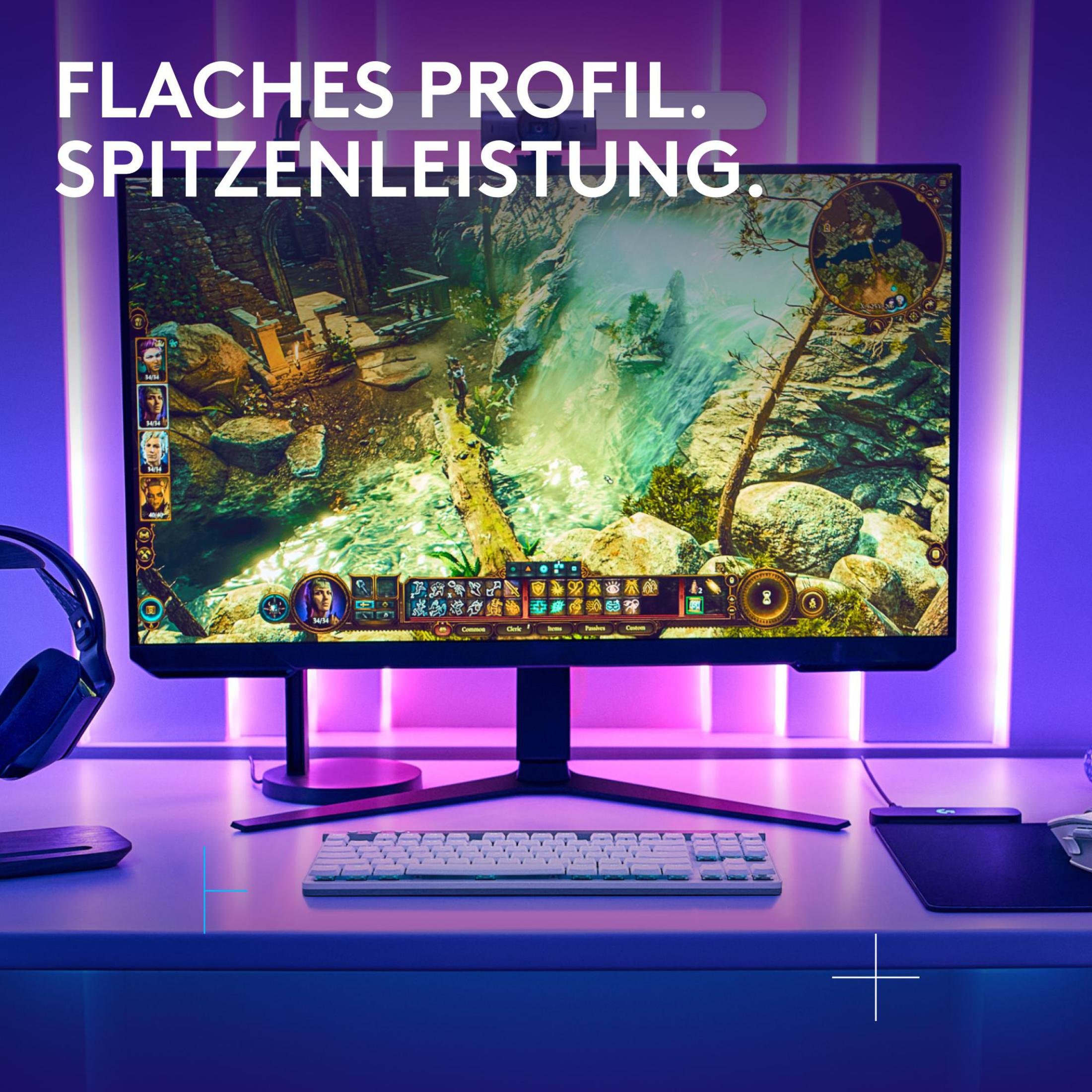 Zestaw do gier z monitorem, klawiaturą, myszą i słuchawkami, podświetlony.