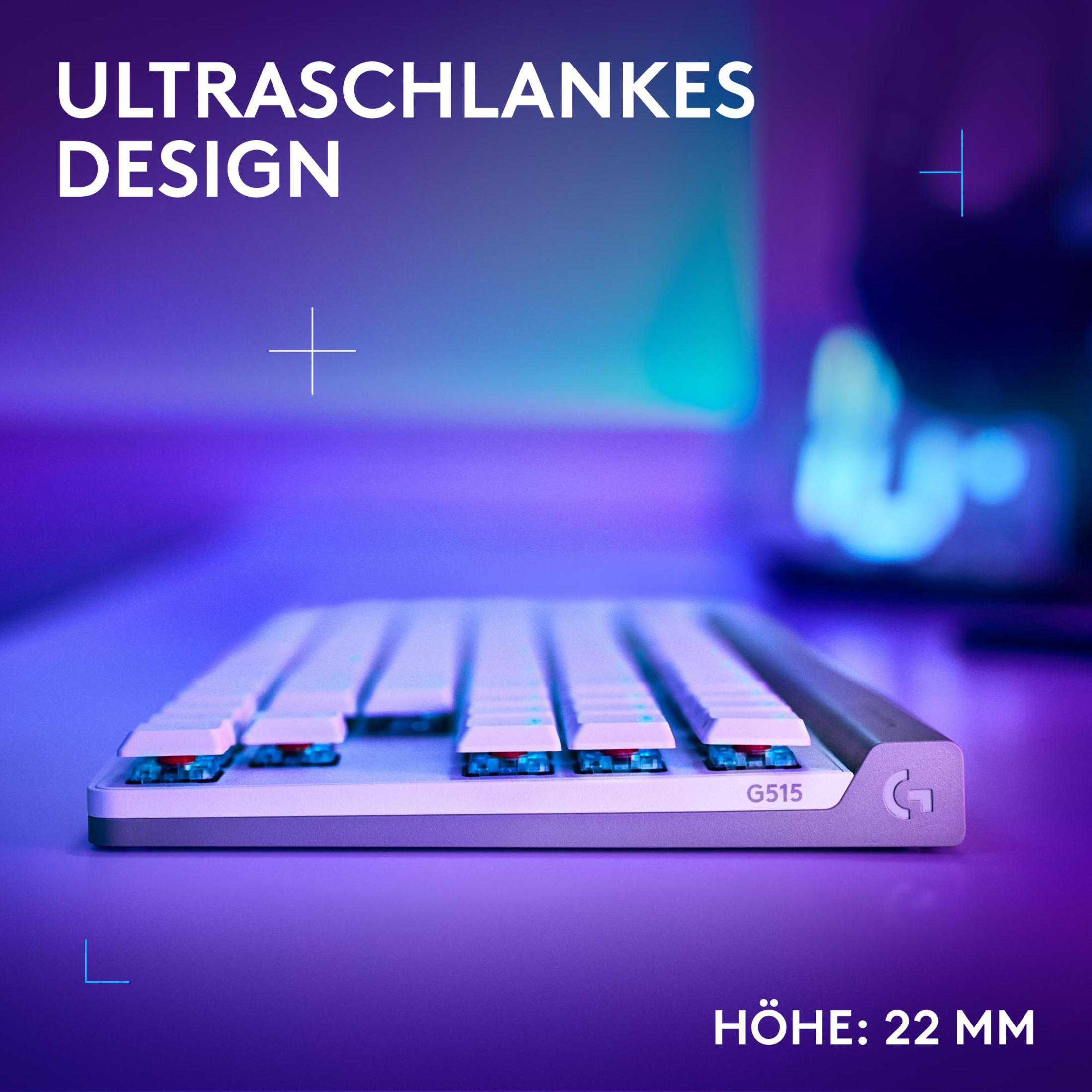 Smukła biała klawiatura z niebieskimi przełącznikami i logo Logitech G. Wysokość 22 mm.