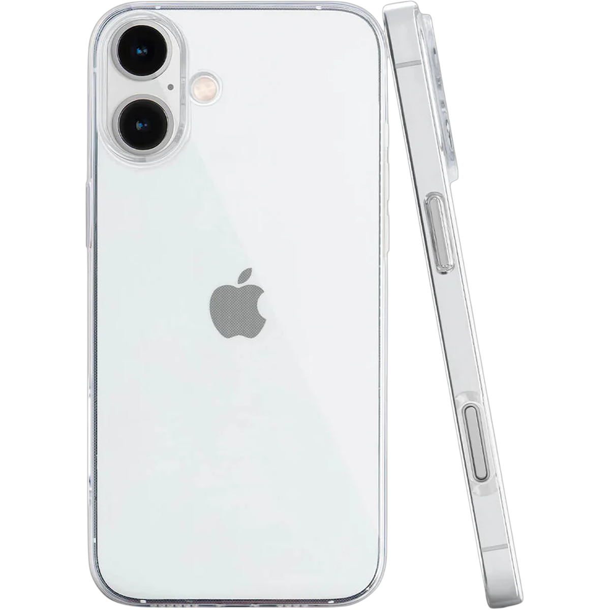 Ein weißes iPhone mit klarem Schutzgehäuse, das seitlich lehnt.
