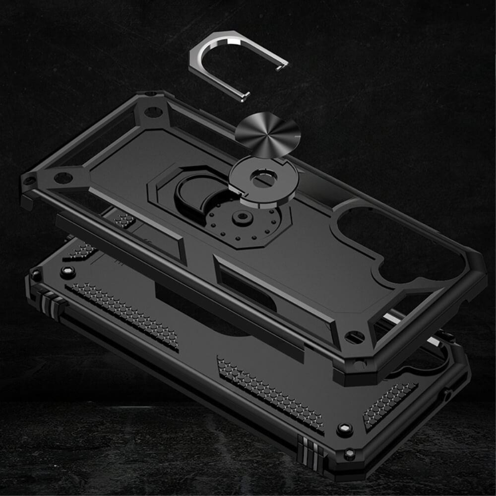 Una vista esplosa nera di una custodia per smartphone con un anello di supporto in metallo e un disco magnetico per auto.