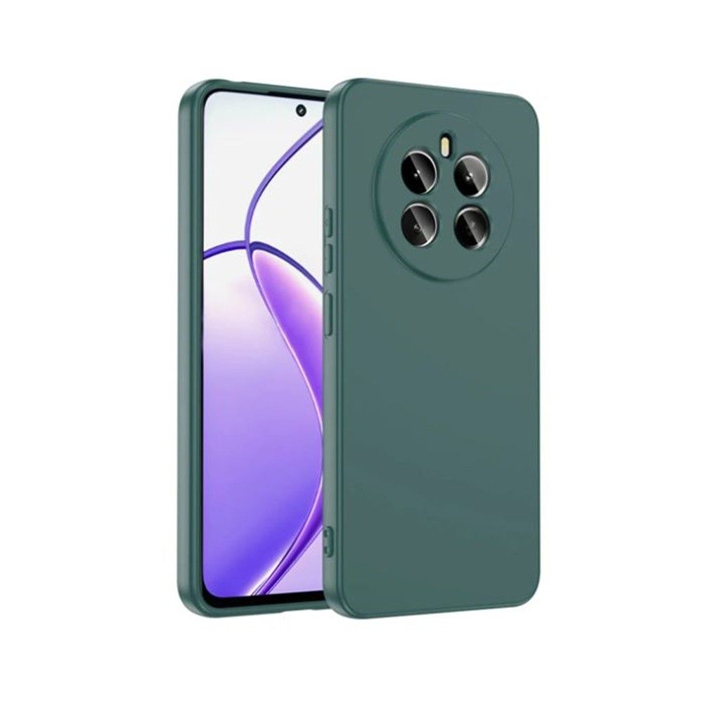 Dört arka kamerası olan koyu yeşil telefon kılıfı. Beyaz ön ekranı görünüyor.