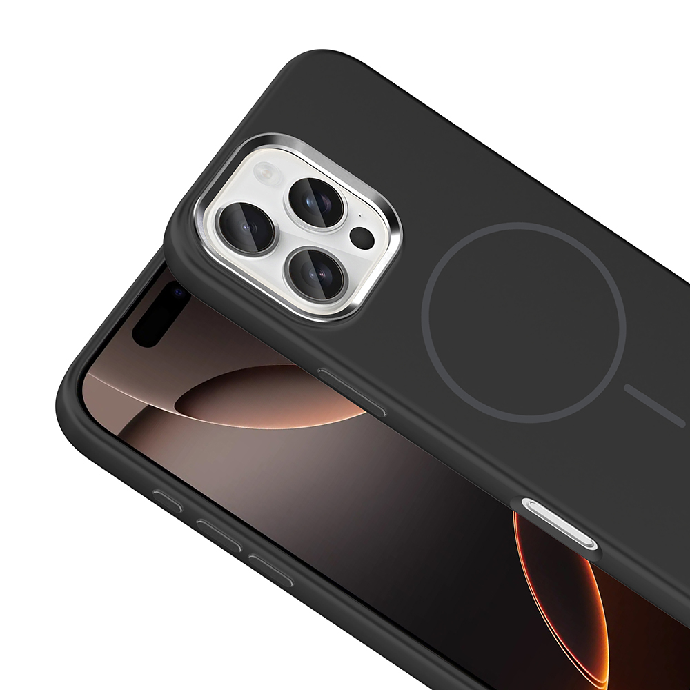Dairesel tasarıma sahip siyah kılıflı siyah bir iPhone, kamera lenslerini ve yan düğmeleri gösteriyor.