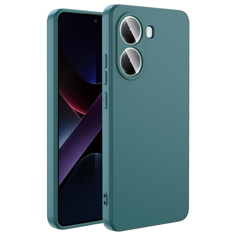 Çift kameralı, teal rengi telefon kılıfı, koyu soyut duvar kağıtlı bir telefonun yanında gösteriliyor.