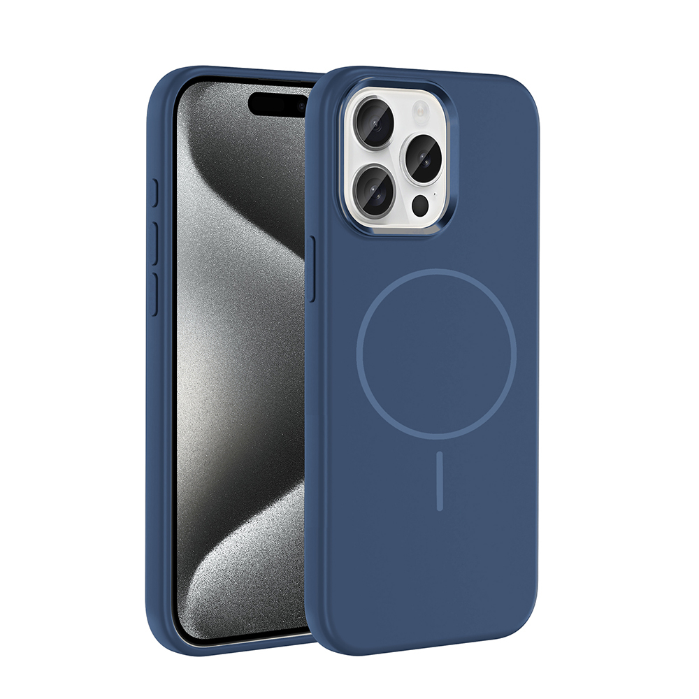 iPhone 15 Pro Max için lacivert silikon telefon kılıfı, görünür kamera kesiği ve arkasında manyetik halka ile.