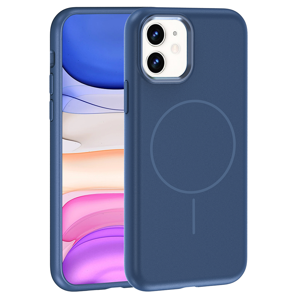 Koyu mavi telefon, kamera ve dairesel tasarımlı. Beyaz arka plan.