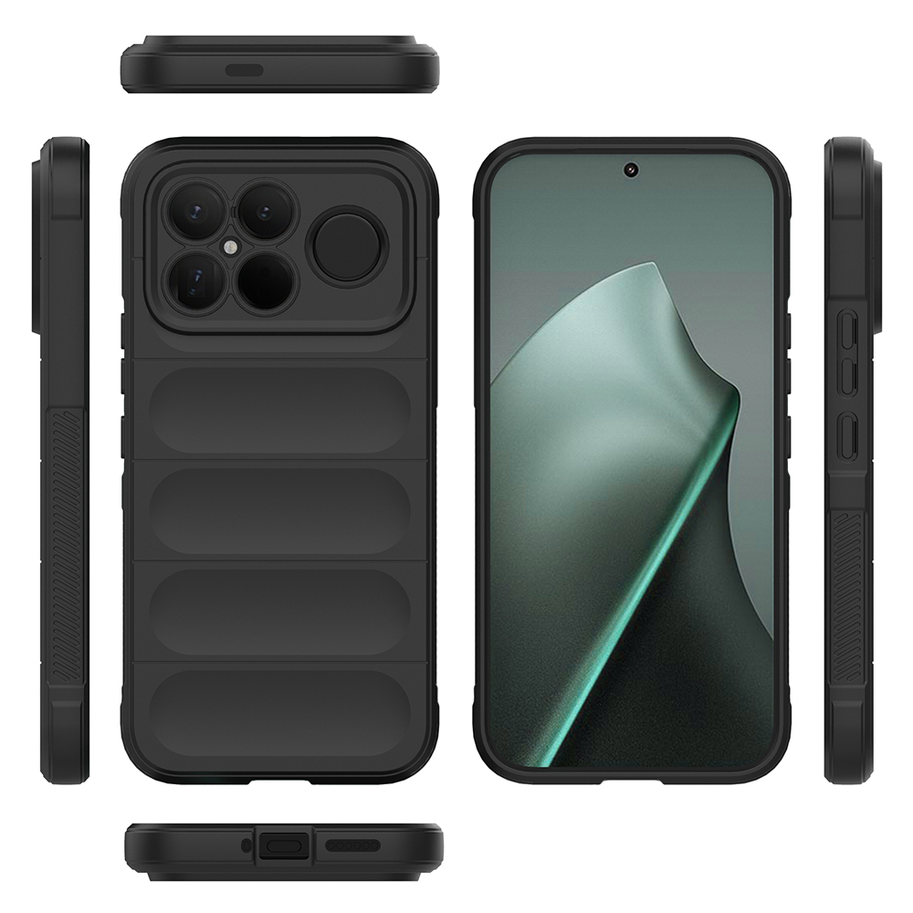 Kamera korumalı ve oluklu siyah telefon kılıfı, her açıdan gösterilmiştir.