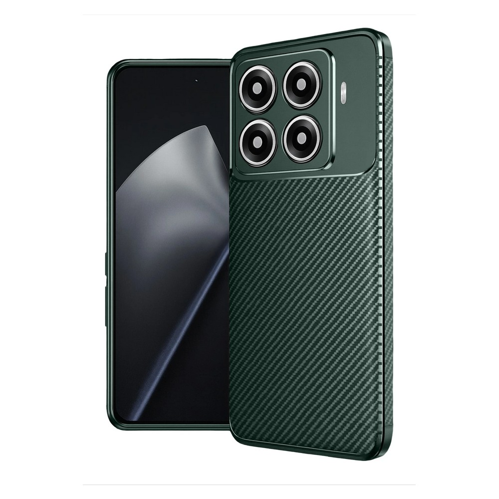 Karbon desenli kılıf ve dört kameralı koyu yeşil telefon.