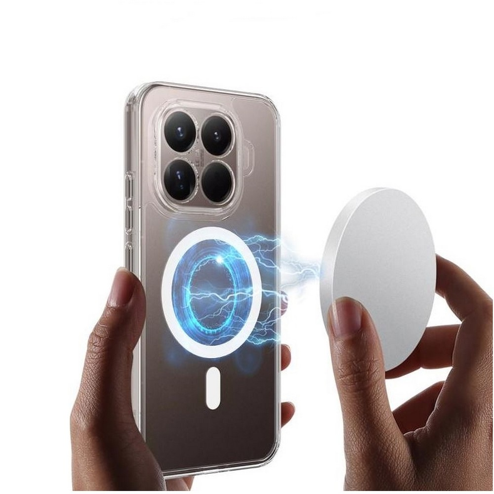 Beyaz manyetik halkalı ve mavi şimşek grafikli şeffaf bir iPhone kılıfı, ellerde tutuluyor, yakınında beyaz bir disk var.