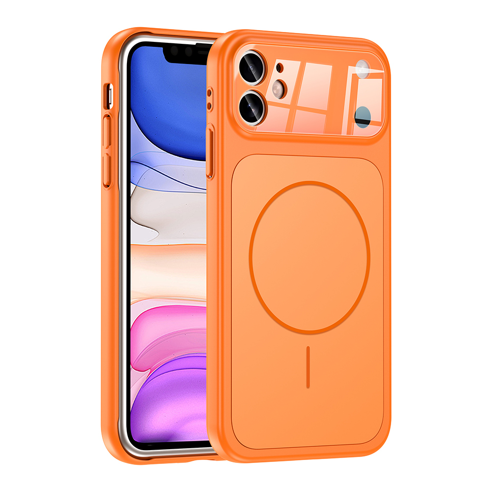 Kamera alanı ve manyetik halkası olan turuncu telefon kılıfı.