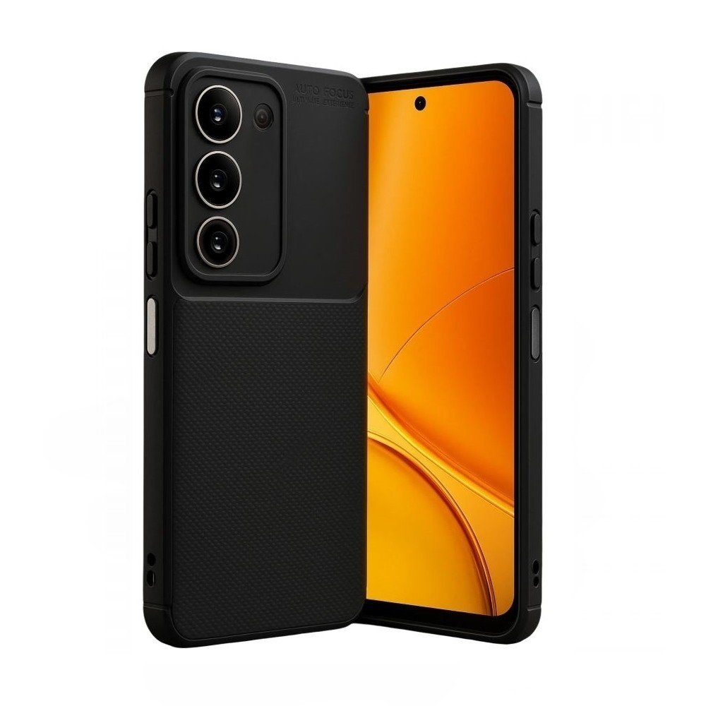 Doku tutamaçlı ve üçlü kamera kesimli siyah telefon kılıfı. Ekran turuncu desen gösteriyor.