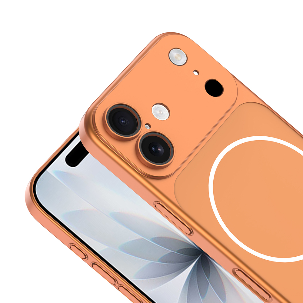 İki kameralı ve flaşlı turuncu telefon. Ekranda desen görülüyor.