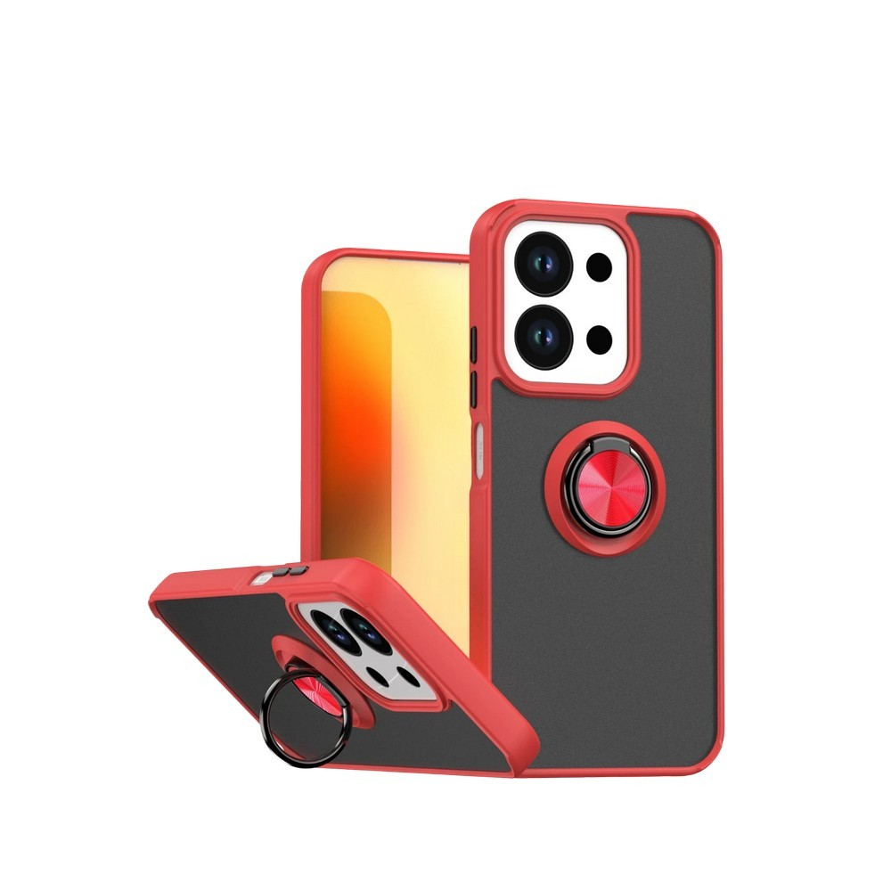 Halka tutuculu ve siyah ek parçalı iki kırmızı telefon kılıfı.