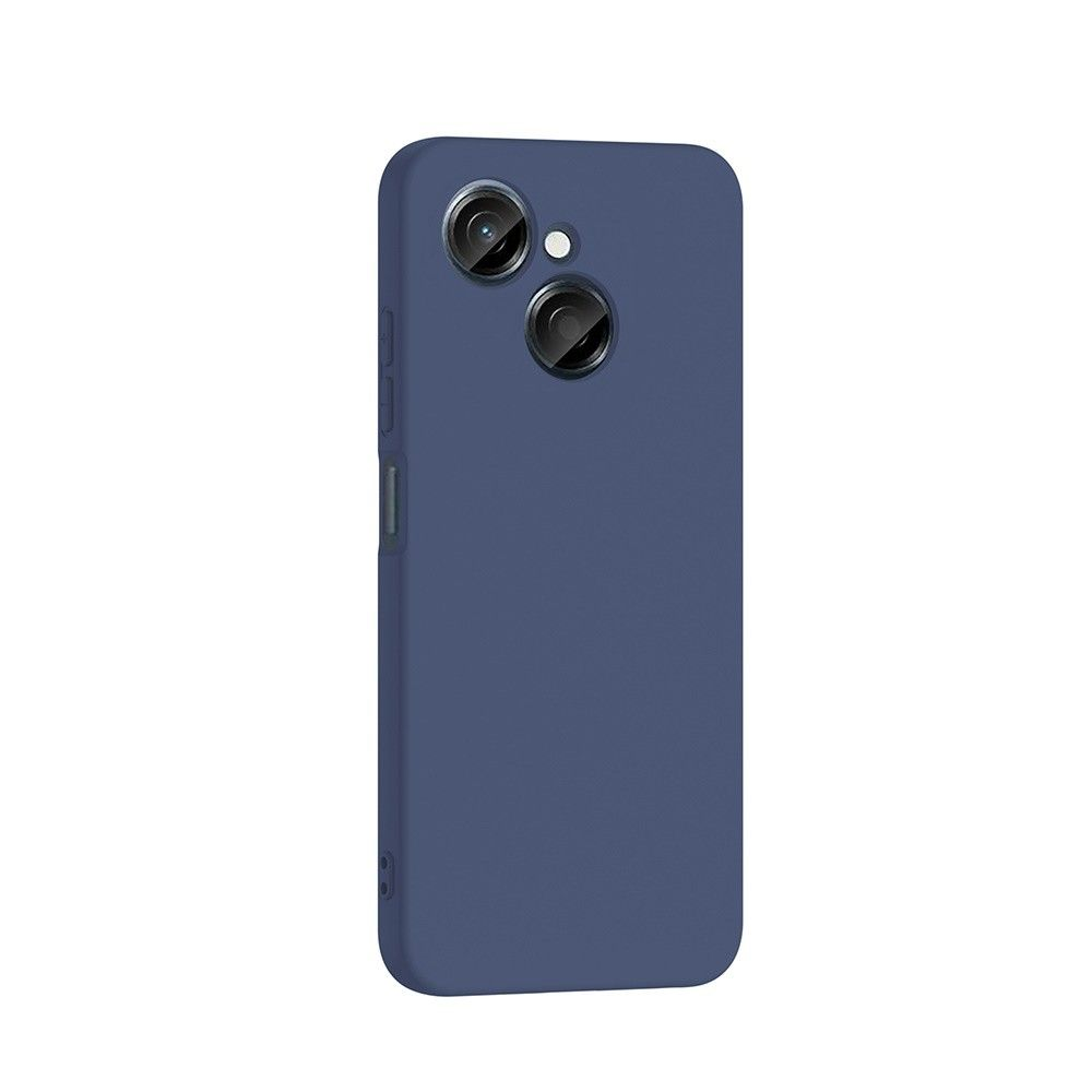 Beyaz arka planda lacivert bir telefon kılıfı, iki dairesel kamera kesiği ve yan düğmelerle gösterilmiştir.