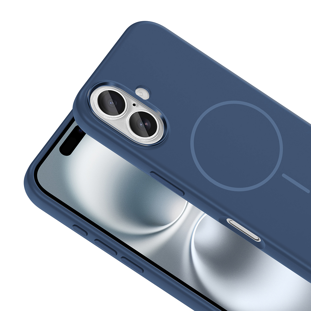 Arka tarafında görünür dairesel mıknatıs tasarımı olan lacivert bir telefon kılıfı, akıllı telefonun bir kısmını ortaya çıkarıyor.