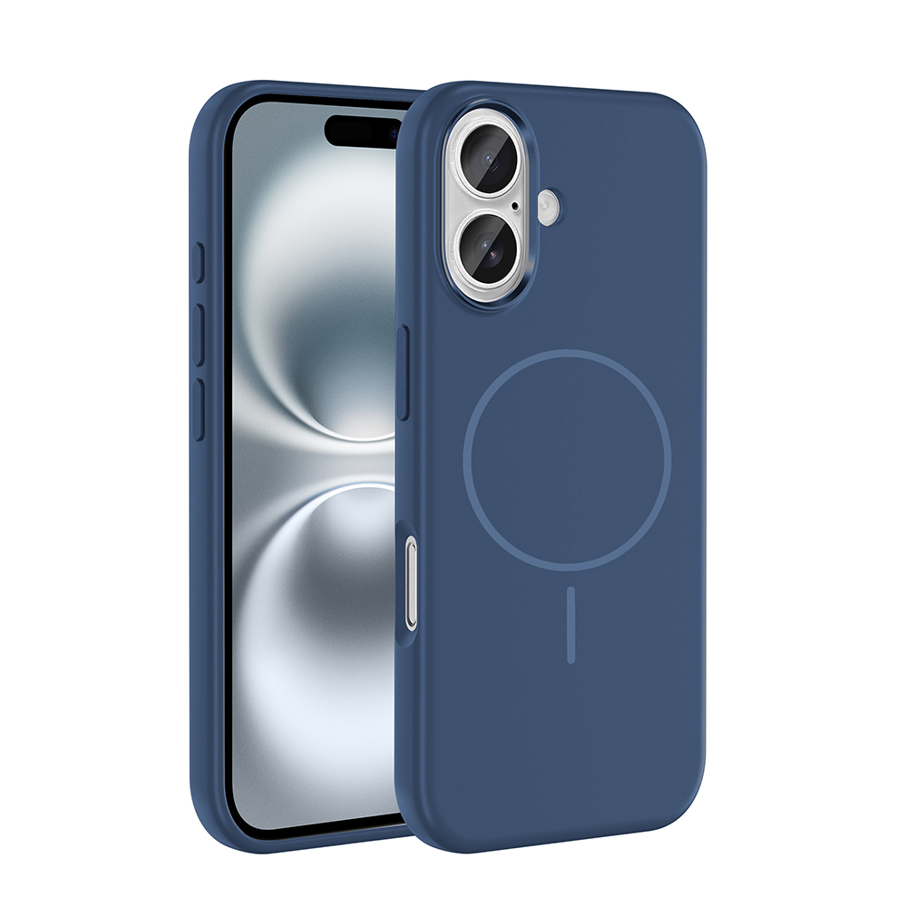 Koyu mavi telefon kılıfı, kamera çıkıntısı ve manyetik halkası bulunur.