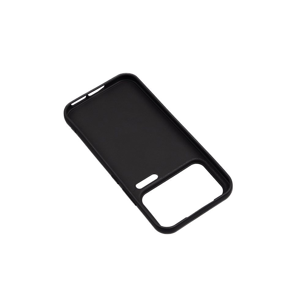 Kamera ve şarj portu için kesiklere sahip siyah telefon kılıfı.