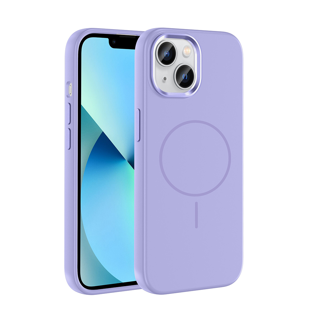 Arkasında dairesel manyetik halka bulunan lavanta rengi bir iPhone kılıfı, renkli ekranlı bir iPhone'un yanında gösteriliyor.