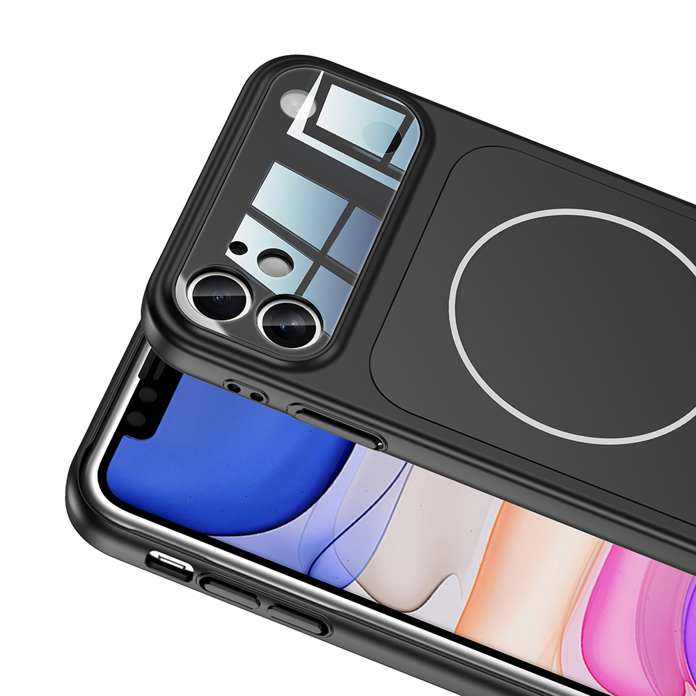 Çift kameralı siyah telefon kılıfı, beyaz arka plan üzerinde gümüş daire.
