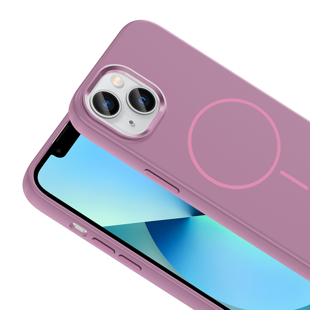 Arka yüzünde dairesel manyetik şarj göstergesi bulunan lavanta rengi bir iPhone kılıfı, telefon ekranını kısmen gösteriyor.