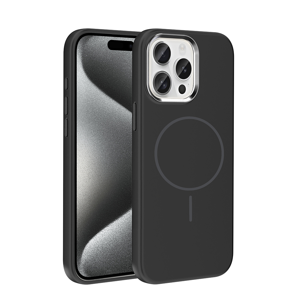 Kamera çıkıntılı ve manyetik halkalı siyah iPhone kılıfı.