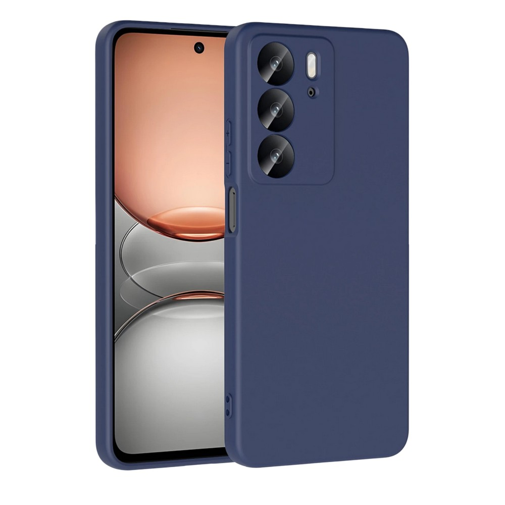 Üç kameralı, kısmi ekranlı lacivert telefon.