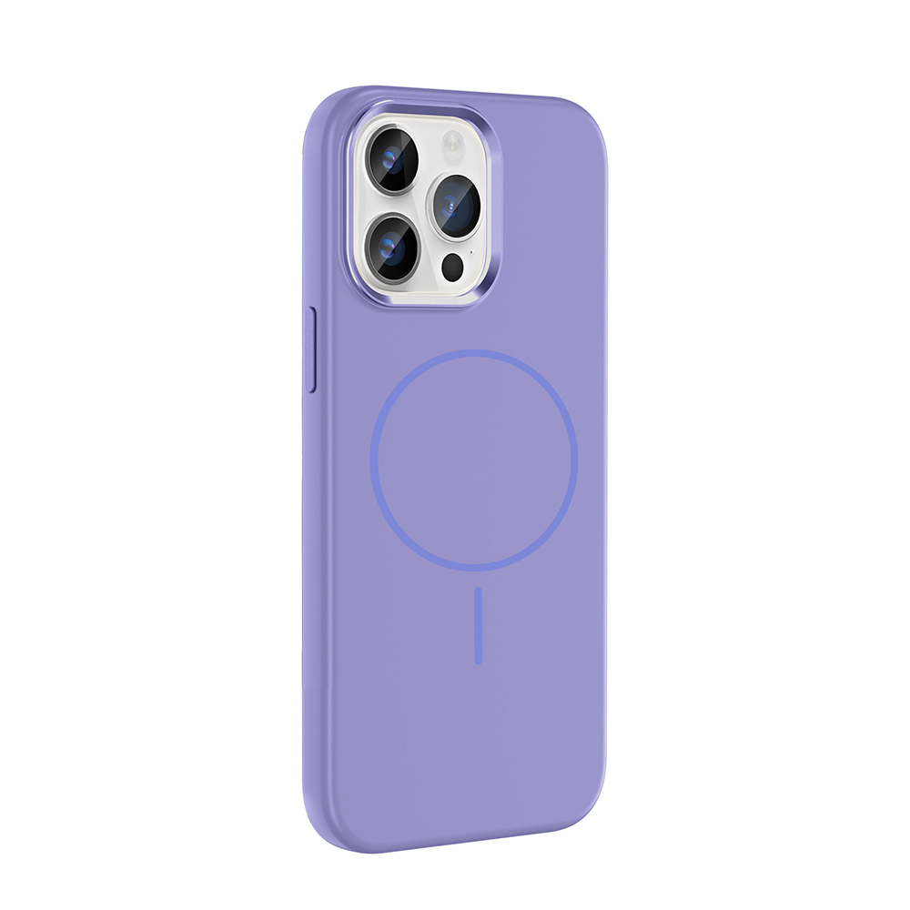 Kamera modül ve dairesel manyetik halkalı mor telefon kılıfı.
